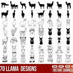 Könnte beinhalten: Eine Sammlung von 70 Lama-Designs in Schwarz-Weiß, darunter Silhouetten, detaillierte Zeichnungen und Cartoon-Illustrationen. Einige Lamas tragen Accessoires. Der Text unten lautet "70 Llama Designs" und "Instant Download".