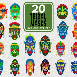 Puede incluir: Veinte máscaras tribales coloridas con patrones geométricos. Las máscaras son de varios colores, incluyendo rojo, azul, verde, amarillo y negro. Las máscaras son todas de diferentes formas y tamaños. El texto "20 Tribal Masks" está escrito en verde sobre un fondo blanco.