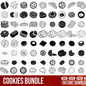 Könnte beinhalten: Eine Sammlung von Schwarz-Weiß-Keks-Illustrationen in verschiedenen Formen und Stilen. Das Bild zeigt Kekse mit Schokoladenstückchen, Sandwich-Kekse und Kekse mit Bissspuren. Der Text "COOKIES BUNDLE" befindet sich unten.