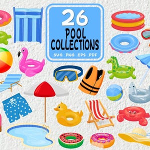May include: A set of 26 pool-themed illustrations, including a variety of pool floats, pool toys, and pool accessories. The illustrations are in a cartoon style and feature bright colours. The text "26 Pool Collections" is included in the image.