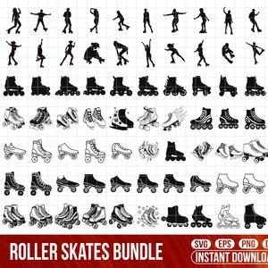 Könnte beinhalten: Schwarz-weiße Grafik mit Rollschuhdesigns und Skater-Silhouetten. Das Bild enthält verschiedene Rollschuhstile und Posen, mit dem Text "ROLLER SKATES BUNDLE" am unteren Rand.