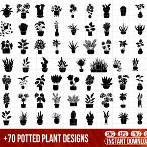 May include: A collection of 70+ black and white potted plant designs. The designs are in a grid format and include a variety of plant shapes and sizes.