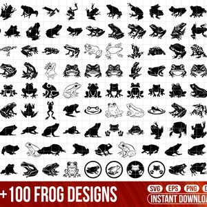 Puede incluir: Un conjunto de 100 diseños de siluetas de ranas en blanco y negro. Las ranas están en varias poses, incluyendo sentadas, saltando y nadando. Los diseños son perfectos para usar en manualidades, scrapbooking y otros proyectos creativos.