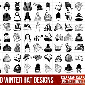 May include: 70 black and white winter hat designs. The designs are in a variety of styles, including pom poms, ear flaps, and beanies.