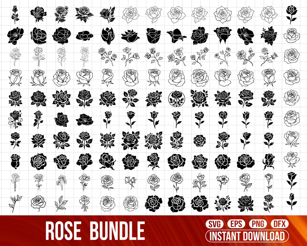 130+ Rose Silhouettes SVG Bundle | Floral Vector Clipart | Rose Line ...