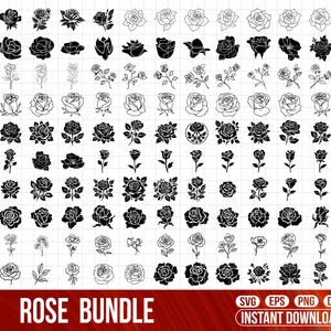 Könnte beinhalten: Eine Sammlung von Rosenillustrationen in Schwarz und Weiß. Das Bild zeigt verschiedene Rosendesigns, darunter einzelne Blüten, Büschel und Strichzeichnungen. Der Text "ROSE BUNDLE" ist unten mit Dateiformatoptionen und "INSTANT DOWNLOAD" zu sehen.