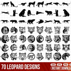 Puede incluir: 70 diseños de leopardo en blanco y negro en varias poses y estilos. Los diseños incluyen leopardos de cuerpo entero, cabezas de leopardo y manchas de leopardo. Los diseños son perfectos para usar en manualidades, scrapbooking y otros proyectos creativos.