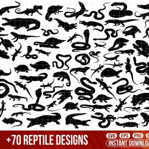 May include: A collection of over 70 black silhouette reptile designs, including snakes, lizards, alligators, and turtles.  The designs are perfect for crafting, scrapbooking, and other creative projects.