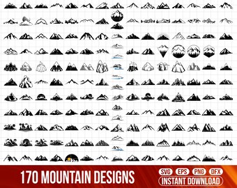 Berg en bos SVG-bundel, berg svg clipart, berg en bos silhouetten clipart, heuvels svg, zon svg, maan svg, bomen svg-bestand