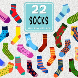 Peut inclure: Un ensemble de 22 chaussettes colorées avec différents motifs, notamment des pois, des rayures, des éclairs, des flocons de neige et des sapins de Noël. Les chaussettes sont disposées en grille sur un fond blanc. Le texte "22 Socks" est affiché dans un encadré bleu au-dessus des chaussettes.