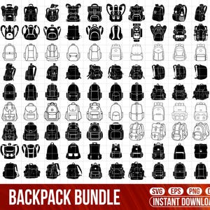 Puede incluir: Una colección de diseños de mochilas en blanco y negro, presentados en una cuadrícula. La imagen incluye diferentes estilos, desde simples hasta complejos, con el texto "BACKPACK BUNDLE" en la parte inferior, junto con iconos de tipo de archivo.