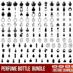Puede incluir: Una colección de diseños de frascos de perfume en blanco y negro, que incluyen varias formas y tamaños. La imagen incluye el texto "PERFUME BOTTLE BUNDLE" e "INSTANT DOWNLOAD" con iconos de tipo de archivo. Las botellas son de varios estilos.