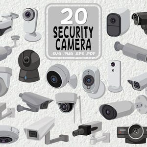 May include: A set of 20 security camera illustrations in various styles and colours. The cameras are depicted in a cartoon style and include dome, bullet, and box cameras. The text "20 Security Camera" is displayed in a banner at the top of the image. The text "SVG, PNG, EPS, PDF" is displayed below the banner.