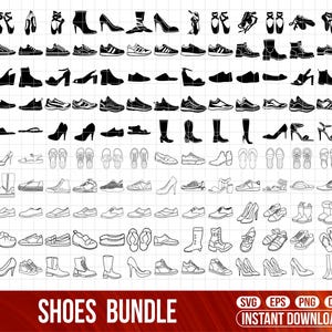 May include: A collection of various shoe styles in black and white, including boots, sneakers, sandals, and heels. The image includes the text "SHOES BUNDLE" and "INSTANT DOWNLOAD".