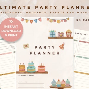 Op de afbeelding: Een printbare partyplanner met 38 pagina's, inclusief een checklist, schema en to-dolijst. De omslag heeft een kleurrijke illustratie van cupcakes, verjaardagstaarten en feestversiering.
