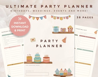 Pianificatore di feste Organizzatore di eventi stampabile Elenco di controllo del compleanno Modello di organizzatore di feste Tracker di pianificazione eventi con lettera Tracker di budget della lista degli ospiti