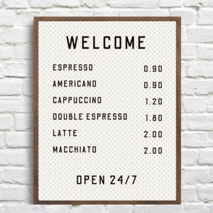 Placa de menu de café vintage, arte de parede de café minimalista, decoração de cafeteria, pôster de cafeteria rústica, impressão de menu de painel perfurado retrô
