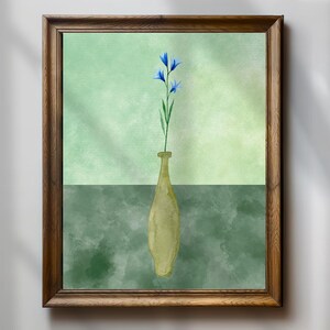 Impresión minimalista de flores azules, arte de pared botánico en acuarela, póster de jarrón rústico, decoración floral moderna, descarga digital, impresión instantánea
