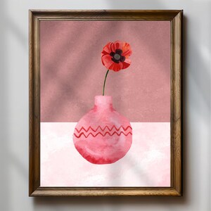 Impresión minimalista de amapolas, arte de pared con jarrón rosa, póster floral moderno, decoración botánica abstracta, descarga digital, arte boho, arte de pared imprimible