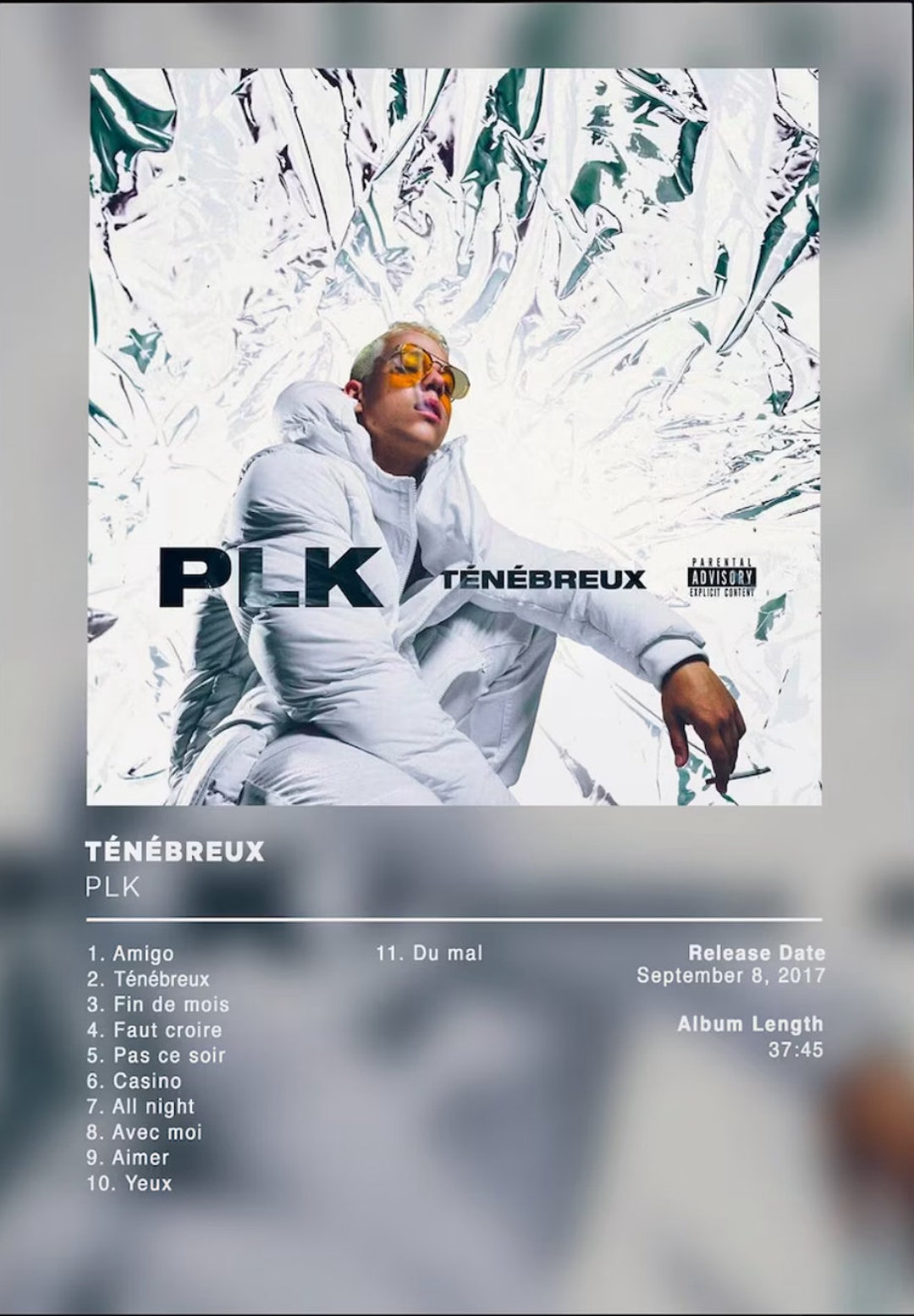 Album Poster TÉNÉBREUX by PLK, Rap Posters, Album Cover, Album Wall Art ...