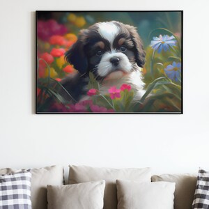 Black and White Puppy in a Flower Patch Oil Painting