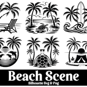 Beach Scene Silhouette Bundle: Tropical SVG & PNG Clipart