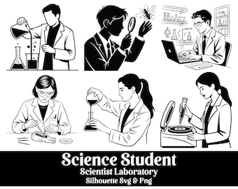 Clipart z sylwetkami naukowców w laboratorium naukowym: Pakiet SVG PNG dla studentów i naukowców (pobieranie cyfrowe)