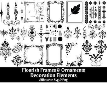 Flourish Frame & Swirl Ornaments: Elegant Silhouette Designs (SVG, PNG)