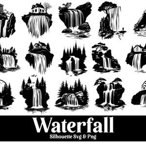 Waterfall Silhouette SVG PNG | Waterfall Clipart | Nature Landscape Cut File |Waterfall Vector | Cricut & Silhouette |Mountain Waterfall Art