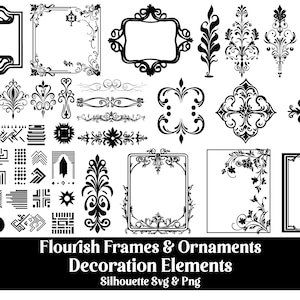 Flourish SVG PNG | Flourish Frame And Ornamental Silhouette Bundle | Decorative Wedding Frames And Elements | Stroke | Svg & Png Cut Files