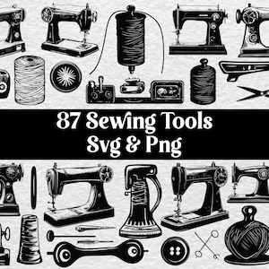 Sewing Machine & Craft Tools Silhouette Pack | SVG And PNG Cut Files | Vintage Sewing Clipart for DIY Projects