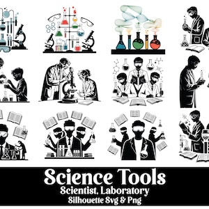 Science Lab Line Art Bundle SVG PNG | Scientist Student Laboratory Clipart | STEM Education Black Line Drawing | Chemistry Physics Biology