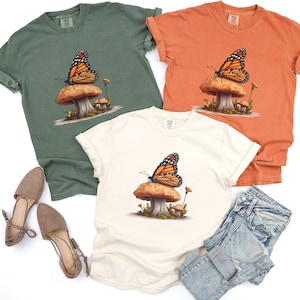 Monarch on a Mushroom Shirt Butterfly Graphic Shirt Womens Comfort Colors Butterfly Shirt Gift For Biologist, Gift for mom butterfly shirt
