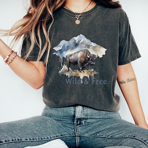 Bison in front of a Mountain Shirt Bison Graphic Shirt Womens Comfort Colors American Bison Shirt Gift For Hiker Gift for mom Yellowstone