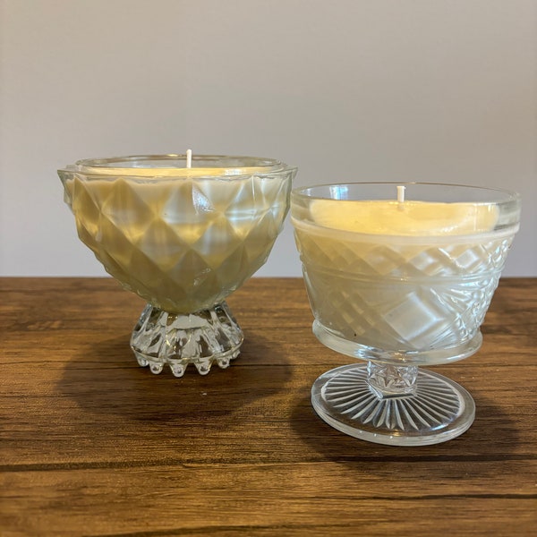 Hand poured soy wax candles / vintage glassware candles / apple scented soy candles