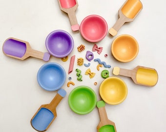 Pastel Rainbow Sorting Bowls & Wooden Scoops for Sensory Play sensory tools