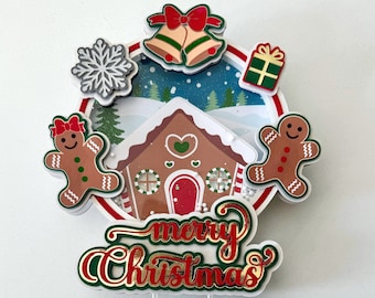 Gingerbread Christmas Collection Cake Topper with shaker and LED lights, Xmas Food Decoration, Red and Green Festive Table Party Supplies