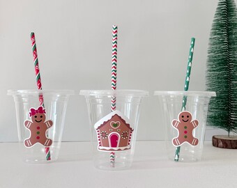Bicchieri natalizi usa e getta in plastica di pan di zenzero con coperchio e cannucce di carta