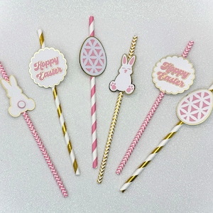 Easter Paper Straws Set - Pink, White & Gold - Party Drink Decor - Bunny Table Decoration