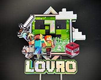 3D Pixel Gamer Cake Topper: Minecrafter Birthday Party Decoration - Shaker & LED Options