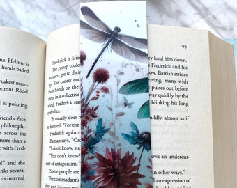 Libélula con flores marcador regalo para amante de los libros único hecho a mano marcador de página libro club regalo