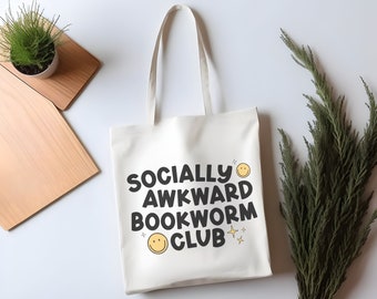 Socialmente incómodo Bookworm Club Books Tote Bag, Bolsa de libros personalizada, Bolsa de biblioteca, Bolsa amante de los libros, Regalo de cumpleaños, Regalo para el maestro