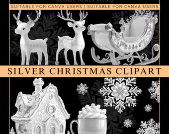 Clipart de Navidad plateado, redes sociales, archivos PNG de alta calidad, plantillas de redes sociales de lujo, Canva, gráficos navideños