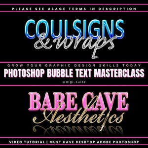 Può includere: Un tutorial di progettazione grafica digitale per creare effetti di testo a bolla in Adobe Photoshop. L'immagine mostra due esempi di testo a bolla: "COULSIGNS & wraps" in blu e argento, e "BABE CAVE Aesthetics" in rosa e oro.