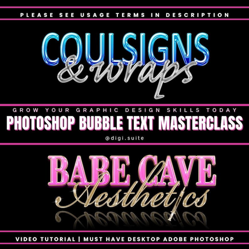 Puede incluir: Un tutorial de dise&ntilde;o gr&aacute;fico digital para crear efectos de texto de burbuja en Adobe Photoshop. La imagen muestra dos ejemplos de texto de burbuja: "COULSIGNS & wraps" en azul y plata, y "BABE CAVE Aesthetics" en rosa y oro.
