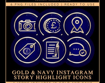 6 iconos destacados de Instagram en azul marino y dorado, salón de belleza, esteticista, practicante estético, redes sociales de lujo, plantillas