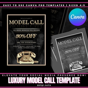 May include: A black and gold social media template for a model call. The template features a gold rotary phone, a photo of two women, and the text "MODEL CALL" and "30% OFF".
