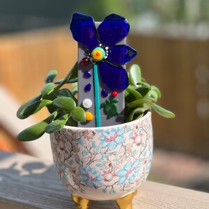 Handmade Fused Glass Plant Stake: Blue Flower Garden Decor
