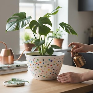 May include: A potted Monstera plant in a white ceramic pot with colorful polka dots. A small brass mister is being used to water the plant. A copper watering can and a small ceramic dish with a leaf are also on the wooden table.