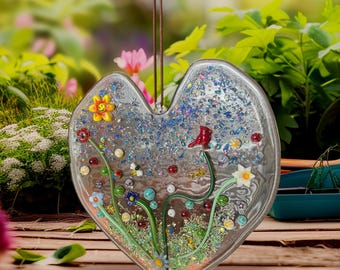 Fused Glass Heart Suncatcher: Spring Garden Flowers & Bugs